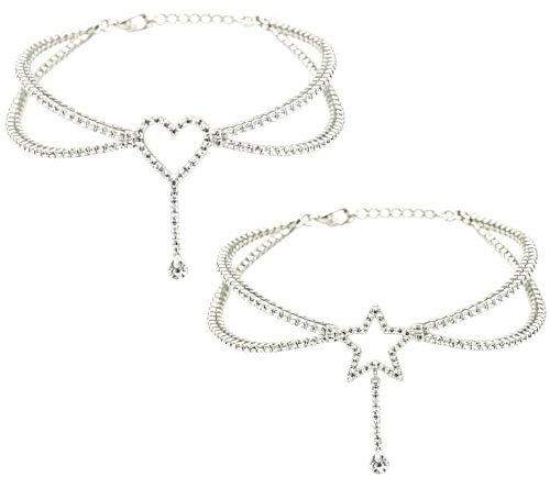 RARITYLL 2Pcs Double-Layer Heart & Star Anklet Set, Silver Rhinestone Chain