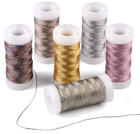 6 Rotoli Filo per Collane Uncinetto, 0.4mm x 50m Cordoncino Metallico | Filato Gioiello per Bigiotteria Uncinetto, Filo Sorrento per Gioielli, Filato Sottile Dorato e Argentato per Artigianato