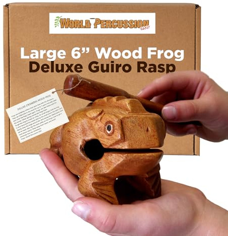 Deluxe Large 6 Wood Frog Guiro Rasp - Musical Instrument Tone Block - Wooden Frog with Stick, Noise Maker by World Percussion USA