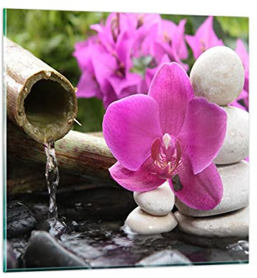 Moderne Impression sur Verre Orchidée bambou décoration spa Image Tableau en Verre Decoration Murale 30x30cm Deco Cadre Salon Chambre Cuisine Carré Petit Tableaux Decoratifs Muraux Art GAC30x30-2666