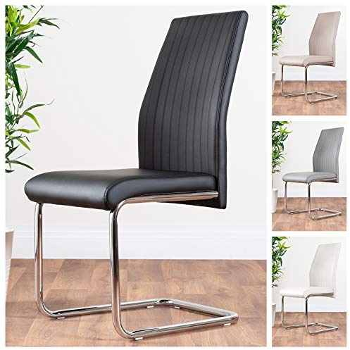Furniturebox UK 2x Lorenzo Chrome Deep Foam Black Faux Leather Dining Chair Seats Metal High Shine Chrome Cantilever Legs L-shaped Legs