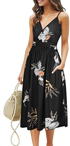OUGES Robe d'été Femme Midi Col en V Bretelles Spaghetti Robe d'été décontractée avec Poches