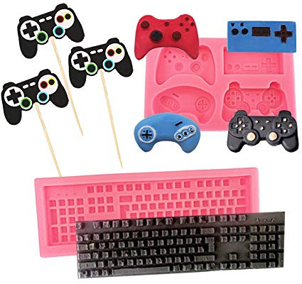Game Controller Molds Keyboard Mini Video Gamepad Shapes Silicone Mold For Fondant Candy Chocolate Pudding Soap Making Cake Muffin DIY Game Theme Party Decor Supplies Include 3Pcs Cupcake Toppers