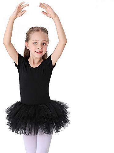Kinder Ballettkleidung Tütü Ballettkleid Mädchen Baumwolle Balletttrikot Kurzarm Ballettanzug Tanzbody mit Rock Schwarz 140