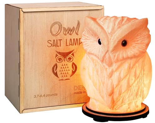 DENOCH Eagle-owl Crystal Salt Lamp H 6.7”, 4.4 lbs - Pure Himalain Rock Salt – Dimmable – Unique Night Light Lamp - 1 Light Bulb as a Gift - Wooden Present Box - Holiday Gift Ideas - Cool Room Décor