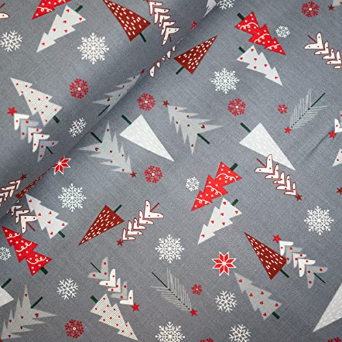 12,90 /m Weihnachtsstoff zum Nähen | Popeline Baumwolle Stoff | Muster Wichtel Tannen | Dekostoff Weihnachten Meterware (Tannen grau)