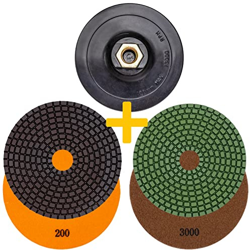EDW Profi Diamant Schleifpad-Set NASS, Reparatur-Set, 100mm, Körnung 200 + 3000, Klett-Aufnahmeteller M14, für Granit, Naturstein, Marmor, Glas