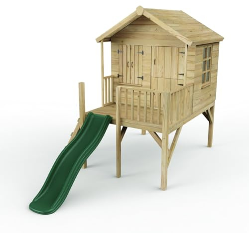 Rebo® 5FT x 5FT Childrens Wooden Garden Playhouse on Deck with 6ft Slide - Nightingale Green | OutdoorToys | Kids' Outdoor Wooden Garden Wendy House, Children's Play Shed, Weather Resistant