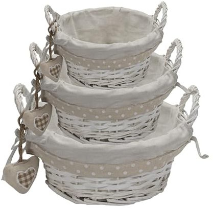 Virsus Set 3 Cesti in Vimini portaoggetti impilabili rotondi 1866, misure 30x30x13 cm, 25x25x12 cm, 20x20x10 cm, con fodera in Tessuto, cesto intrecciato organizer bagno, portapane, Bianco con Cuore