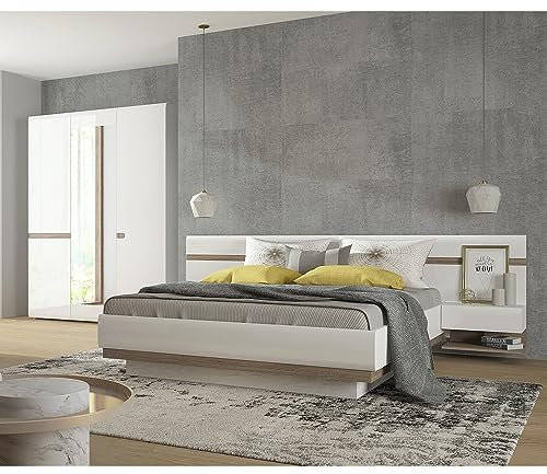 Lomadox Schlafzimmer Set mit 3-türigem Kleiderschrank und 160cm Bett, weiß Hochglanz mit Trüffel Eiche Nb.,