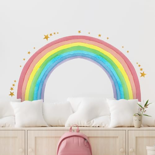 Supzone Wandtattoo Regenbogen Großer 129x68cm Sterne Mädchen Wandaufkleber | Aquarell Regenbogen Sterne Wandsticker für Mädchen Kinderzimmer Babyzimmer Schlafzimmer Türen Wanddeko