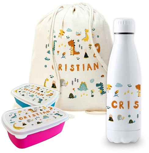 Pack vuelta al cole diseño dinosaurio botella personalizada + mochila saco personalizada + fiambrera personalizada con foto y/o texto para el colegio o guardería. Caja merienda libre BPA