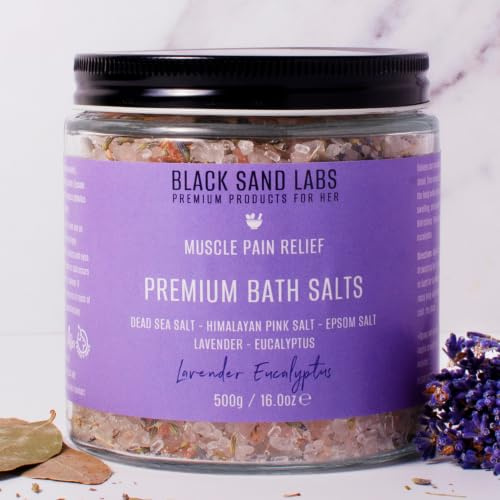 Black Sand Labs Premium badsalt för henne, premiumblandning av döda havet, rosa och epsom-salter för muskel- och ledsmärtlindring, lyxiga badsalter för kvinnor (lavendel eukalyptus)