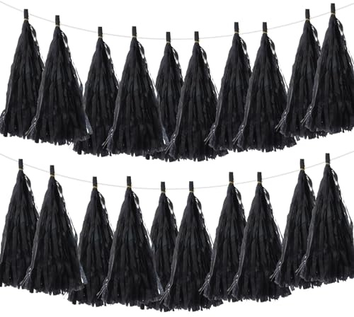 sourcing map 20Stk Schwarz Quaste Girlande Banner für Hochzeit Geburtstag | mit Seil Seidenpapier Quasten Party Troddeln Basteln Kit, Party Dekoration