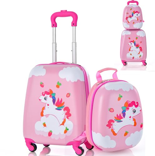 SOARS Kinderkoffer & Rucksack, Kindertrolley mit Rollen & verstellbarem Griff, Koffer Set, Kindergepäck, Reisekoffer Kinder Jungen & Mädchen, für Spielzeug, Kleidung (Einhorn D, 12+16)