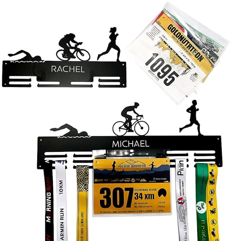 Porta Medallas con Nombre Personalizado, Triatlón Figuras Deportivas, Colgador de Medallas Triatleta, Medallas y Dorsales, Natación, Bicicleta, Correr, Atletas, Metal, Soporte de Exhibición