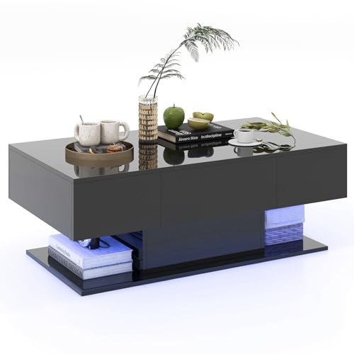 COSTWAY LED Coffee Table, High Gloss Cocktail Center Table with 20 RGB Light Colors, Adjustable Brightness, 2 Drawers and Storage Shelf, Modern Rectangle Smart Tea Side Table for Living Room (Black)