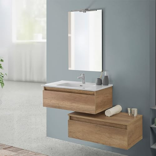 Inbagno Mobile Bagno Sospeso 80 cm Rovere Naturale – Composizione Modulare Con Lavabo In Ceramica E 2 Ampi Cassettoni Soft-Close – Linea Nadia