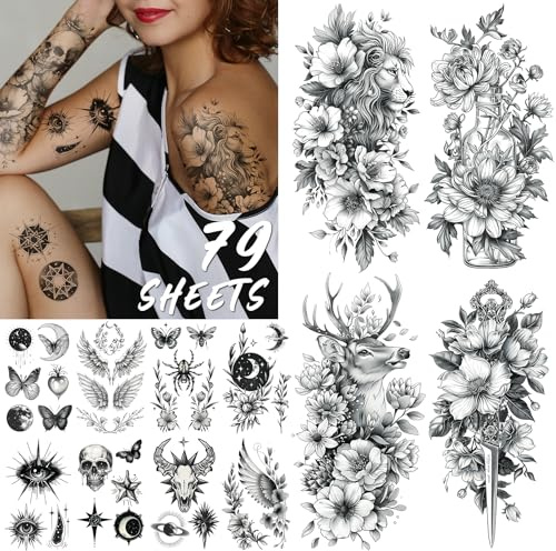 Temporäre Tattoos Erwachsene, Fake Tattoo für Damen, 79 Blätter | 3D-Wasserdichte Klebetattoos für Männer und Frauen, Selbstklebende Temporary Tattoo für Festival Karneval Fasching