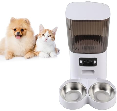 MENDUNER Cat Feeder, 5L Cat Food Machine, Multifunctional Feeder Cat Wet Food 304, Cat Food Dispenser with 5L for Cats and Dogs Indoors (Double bowl with camera)