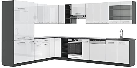 Vicco Eckküche Fame-Line, Weiß Hochglanz/Anthrazit, 347 x 257 cm | 16 Module · Höhenverstellbare Füße · AP Anthrazit inkl. · MDF-Fronten · Softclose · Metallgriffe