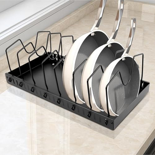 Mamamax Pot and Pan Rack, Extendable Carbon Steel Cabinet Pot and Pan Organizer with 8 Adjustable Divider, Pull Out Plate and Baking Tray Storage Rack for Kitchen Countertop