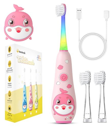 Teeteck Kids Electric Toothbrush,Rechargeable Toddlers Baby Electric Toothbrush with 2Minutes Timer and LED Light for 1-6 Boys Girls(1 Handle, 2 Brush Head, USB Charging Cable)
