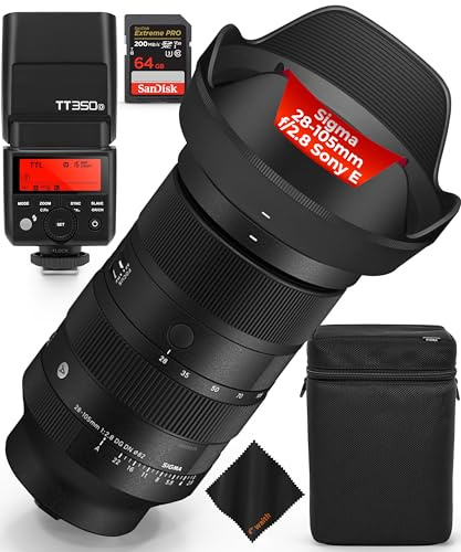 Sigma 28-105mm f/2.8 DG DN Art Lens for Sony E | Constant F2.8 Aperture w/high-Speed AF & Zoom Lock, Godox TT350S Mini TTL Flash for Sony Cameras, 64GB Extreme PRO SD Card & Cleaning Cloth Bundle