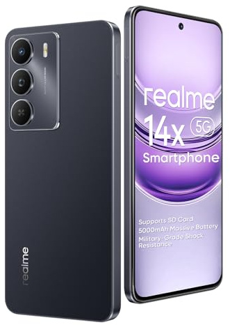 realme 14x 5G Smartphone, 6+128GB, chipset Dimensity 6300 5G, caméra autofocus 50MP, écran IP64 120Hz de 6,67 pouces, batterie 5000mAh, NFC, support carte Micro-SD, Noir