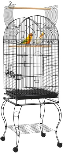 PawHut Jaula de Pájaros con Ruedas Jaula de Aves Exterior con Bandeja Extraíble Rejilla 2 Cuencos de Acero Inoxidable Estante y Percha para Periquitos 51x51x153 cm Negro