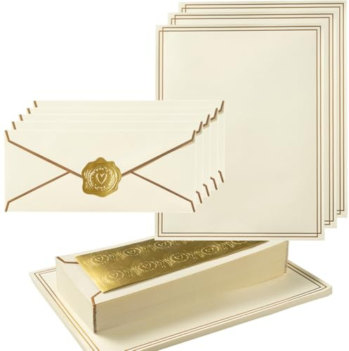 Topeen 50 Pack Stationery Set with Gold Border, #10 Business Envelopes and 8.5x11 Paper Sheets and Stickers for Writing Letters (Cream Color, 8.5x11 Inches)