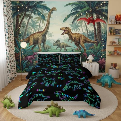 QOOMO Jurassic Dinosaur Kids Bedding Set, Black Cartoon Animals Comforter Twin Size, Suitability Girs and Boys Black Decorate a Room 1 Comforter Set 2 Pillowcases