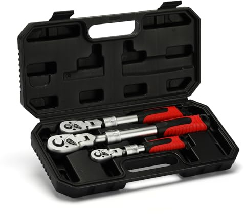 Mayouko 3 PCS Flex Head Ratchet Wrench Set, 1/4 & 3/8 & 1/2 Drive, 72-Tooth, CR-V