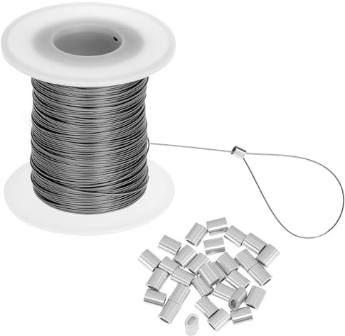 QWORK® 100m Cuerda de acero, cuerda colgar cuadros 0.5 mm, cable colgante de marco fotos de acero inoxidable 304 con 30 casquillos de crimpado de aluminio, para marcos de fotos y espejos