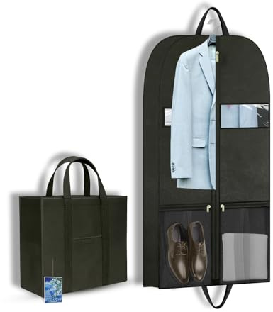 Kleidersack Kurz 109x60cm für Anzug Jacke Hemd Schwarz | Atmungsaktive Kleiderhülle mit Griffen und Taschen, Anzugtasche für Reisen und Aufbewahrung, Reißverschluss Kleiderschutz