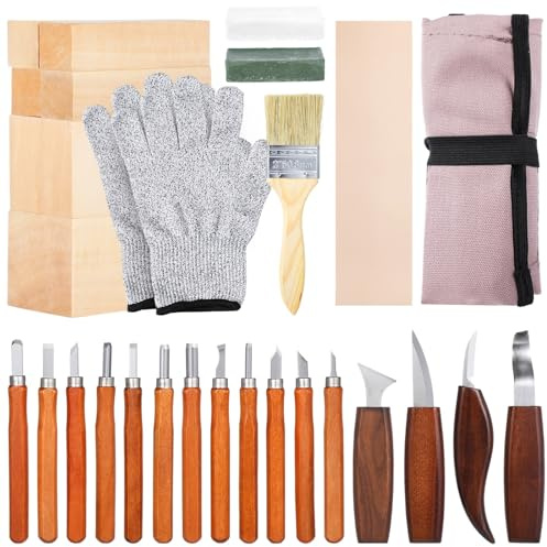 30-teiliges Holzbearbeitungsschnitzset, komplettes Whittling Tools, inklusive Detailschnitzer, unlackierte Blöcke, Handschuhe, Wachs, Schleifstein und Tragetasche