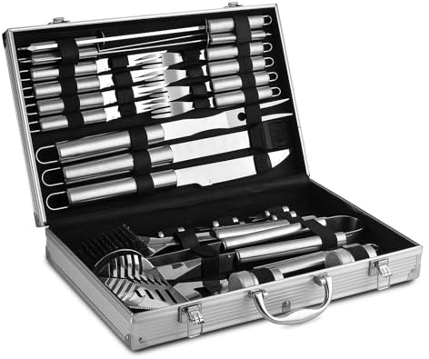 RAXCO 27-teiliges BBQ Grillbesteck Set, Edelstahl Grillzubehör mit Aluminium Koffer, Grillwerkzeug Set mit Wender, Bürsten, Spieße und Gewürzbehälter