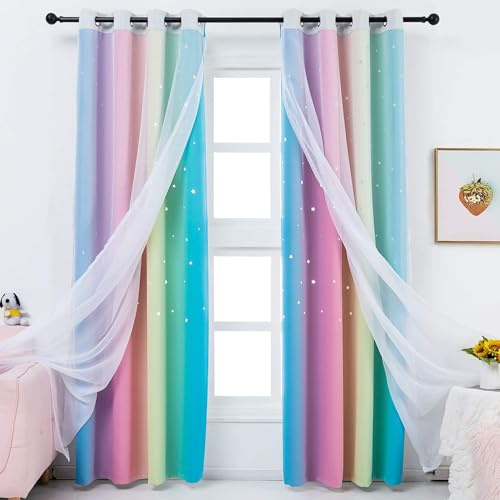 Sivio Regenbogen Vorhänge, 160 x 132cm, Dekoration ausgehöhlte Sterne, Rosa und Grau, Doppellagig Ombré-Vorhang mit Voile für Mädchen Fensterbehandlung Schlafzimmer