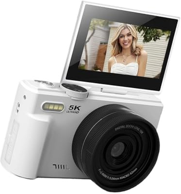 KACCDE Écran rotatif à 180 degrés - Caméra vidéo 5K - Résolution 75 MP - Zoom numérique 18x - Transfert de photographie - Appareil photo numérique