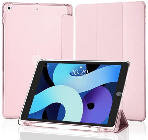4UBonLife Cover Per iPad 9a/8a/7a Generazione 10,2 Pollici 2021/2020/2019 con Portapenna, Custodia Protettiva Sottile con Retro Rigido Traslucido Guscio Case per iPad 7/8/9, Rosa