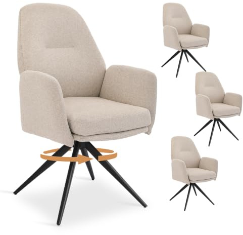 Bon Furni 4er Set Esszimmerstühle Drehbar Beige mit Armlehne | 360° Drehstuhl, Polsterstuhl, Bequemer Küchenstuhl mit Hoher Rückenlehne für Esszimmer, Wohnzimmer, Büro