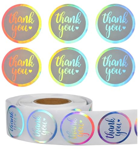Nogeqi 1000PCS Thank You Stickers for Packaging, 1 Inch Round Holographic Silver Self Adhesive Thank You Labels for Small Business, Gift Wrapping, Envelopes and Baking Decoration (Silver, 500PCS/Roll)