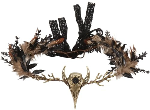 HUKUMA Braune Federn Handgefertigte Krone,Gothic Kopfschmuck mit Krähenstirnband,Primitive Stämme,Hexe Wikinger Cosplay,Vintage Tribe Kostüme Accessoires für Karneval Halloween
