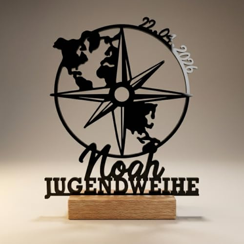 Jugednweihe Geschenk personalisiertes Geschenk zur Jugendweihe mit Name und Datum – Deko Aufsteller aus 4mm Acryl Schwarz – Kompass – Tischdeko Jugendweihe Junge Mädchen AC