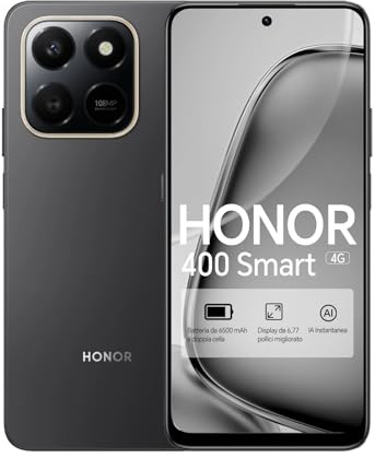 HONOR 400 Smart 4G Smartphone, Display 6,77 120Hz, Batteria 6500mAh, Fotocamera AI Ultra-Chiara 108MP, Impermeabile/Antipolvere IP54, Protezione Cadute 5 Stelle SGS (Nero, 256, GB, 8, GB)
