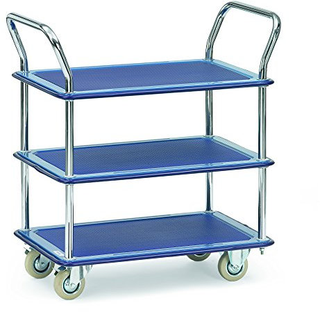 Fetra Ganzstahl-Tischwagen, 3 Ladeflächen, 740 x 480 mm, Traglast 120 kg, 1 Stück, blau, 3113