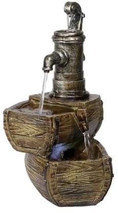 Alpine Corporation 36 cm Tall Outdoor 2-Tier Water Pump Barrel Fountain with LED Lights, Beige