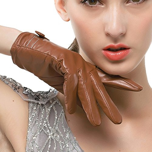 Nappaglo Damen Lammfell Leder Handschuhe Winter Warm Einfache Handschuhe mit Dekorativen Weiße Stickerei Bogen (M (Umfang der Handfläche:17.8-19.0cm), Braun(Non-Touchscreen))