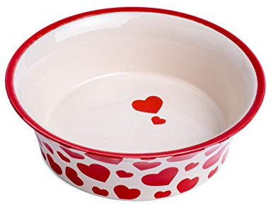 Petface Red Hearts Flared Ceramic Bowl for Cats, Suitable for Food or Water, 15.4 cm Diameter x 4.9 cm Height