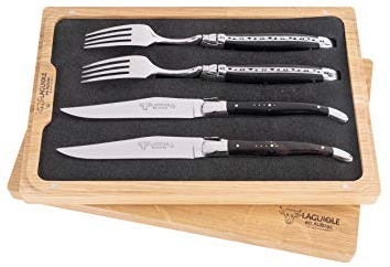 Laguiole en Aubrac (original) 2er-Besteck Set (2 Steakmesser, 2 Gabeln) Ebenholz inkl. Echtheits Zertifikat